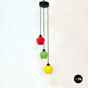 Lampadario a tre luci in vetro colorato, 1950 ca.