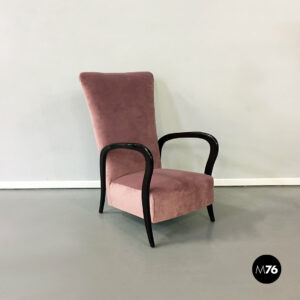 Poltrona in velluto rosa e legno, 1950 ca.