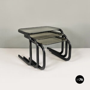 Tavoli da caffè in metallo nero e vetro fumè, 1980 ca.