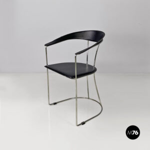 Sedia in pelle nera e acciaio cromato, 1980 ca.