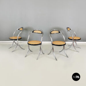 Sedie in paglia, acciaio e legno nero, 1970 ca.