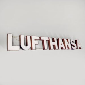 Insegna Lufthansa in plexiglass bianco, 1970 ca.