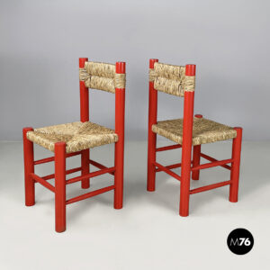 Sedie in legno rosso e paglia, 1970 ca.