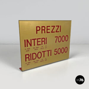 Insegna cinema o teatro in plastica dorata e rossa, 1960 ca.