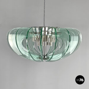 Lampadario in vetro e metallo cromato, 1970 ca.