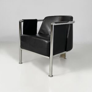 Poltrona in pelle nera e acciaio, 1980 ca.