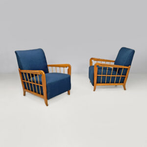 Poltrone in legno e tessuto blu, 1940s