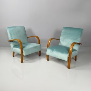 Poltrone in velluto azzurro e legno, 1950 ca.